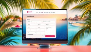 компьютер с формой подбора тура на сайте Coral Travel